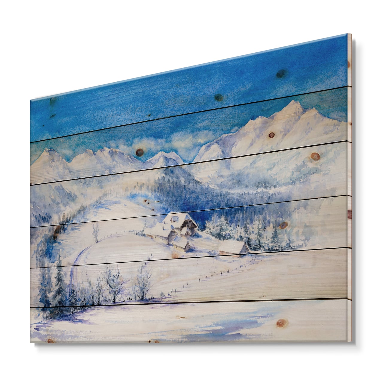 Designart - Winter Mountain Landscape With Wooden House - Traditional Print on Natural Pine Wood